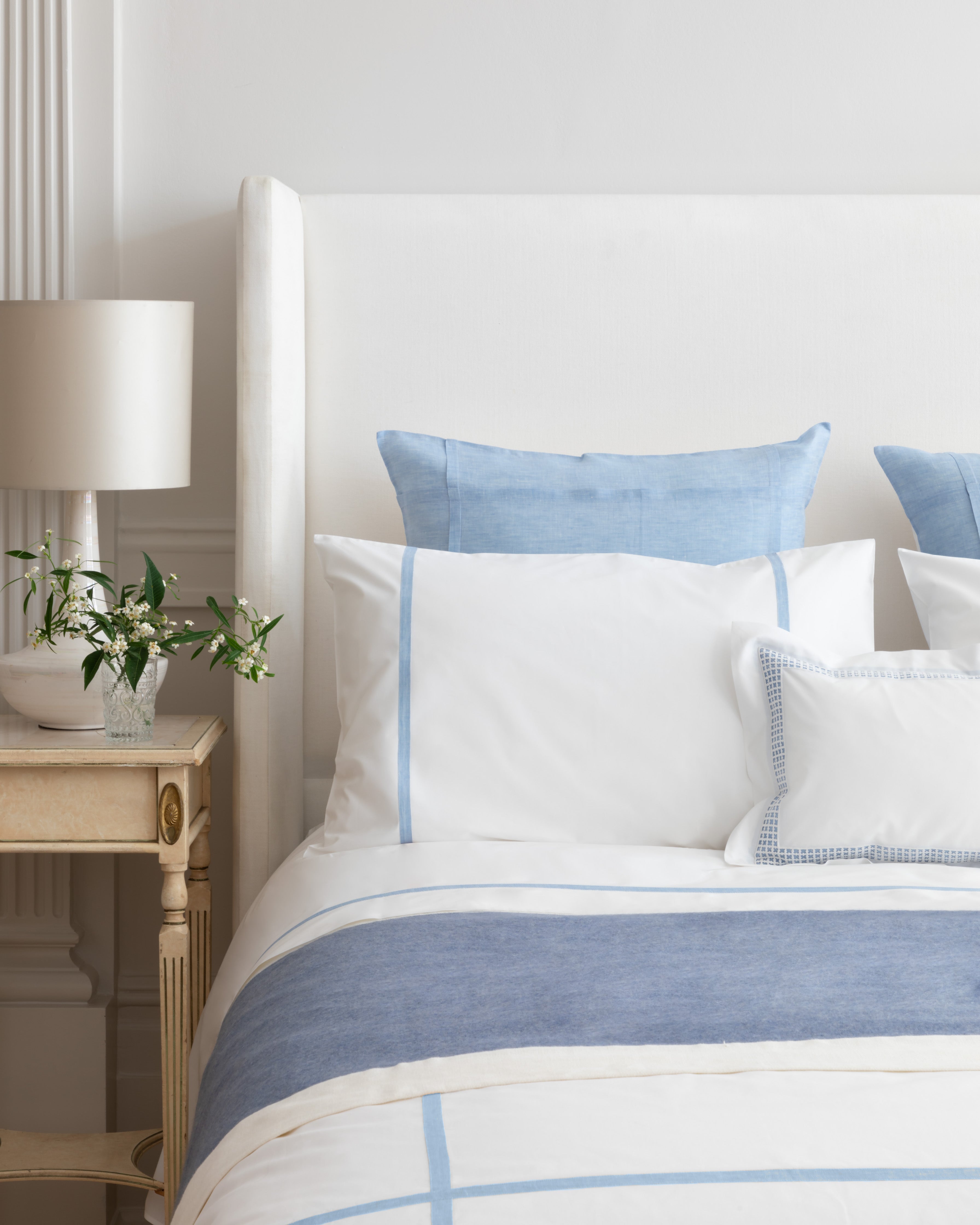 Siena Applique & Pleated in Sky Blue, shown with Cashlinen runner